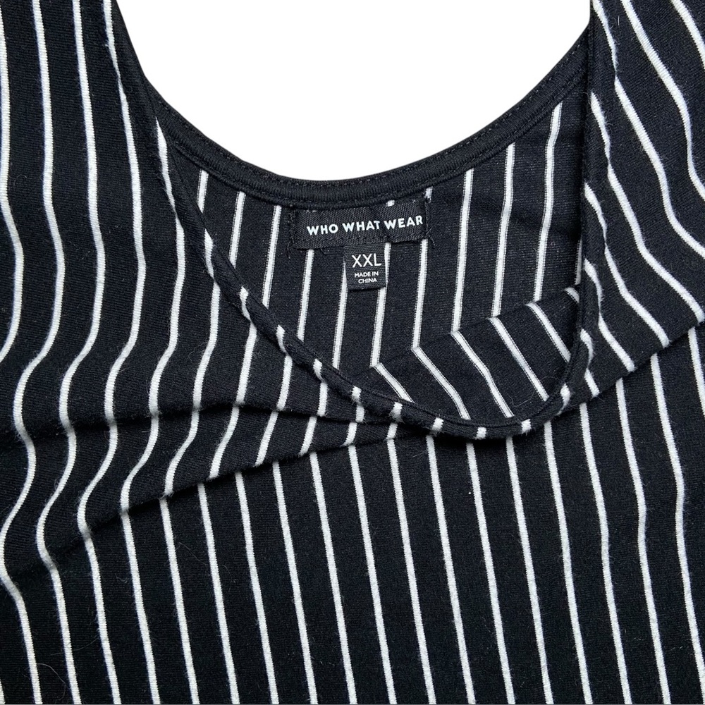 5/$25 Black and White Pinstripe Belted Midi Dress Scoop Neck Wide Straps - Picture 3 of 4